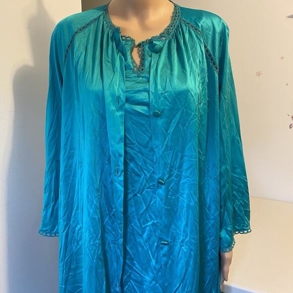 Vtg VanityFair Nightgown Robe Peignoir 2PC Set Nylon Lace Turquoise USA Fairy M - Picture 12 of 14